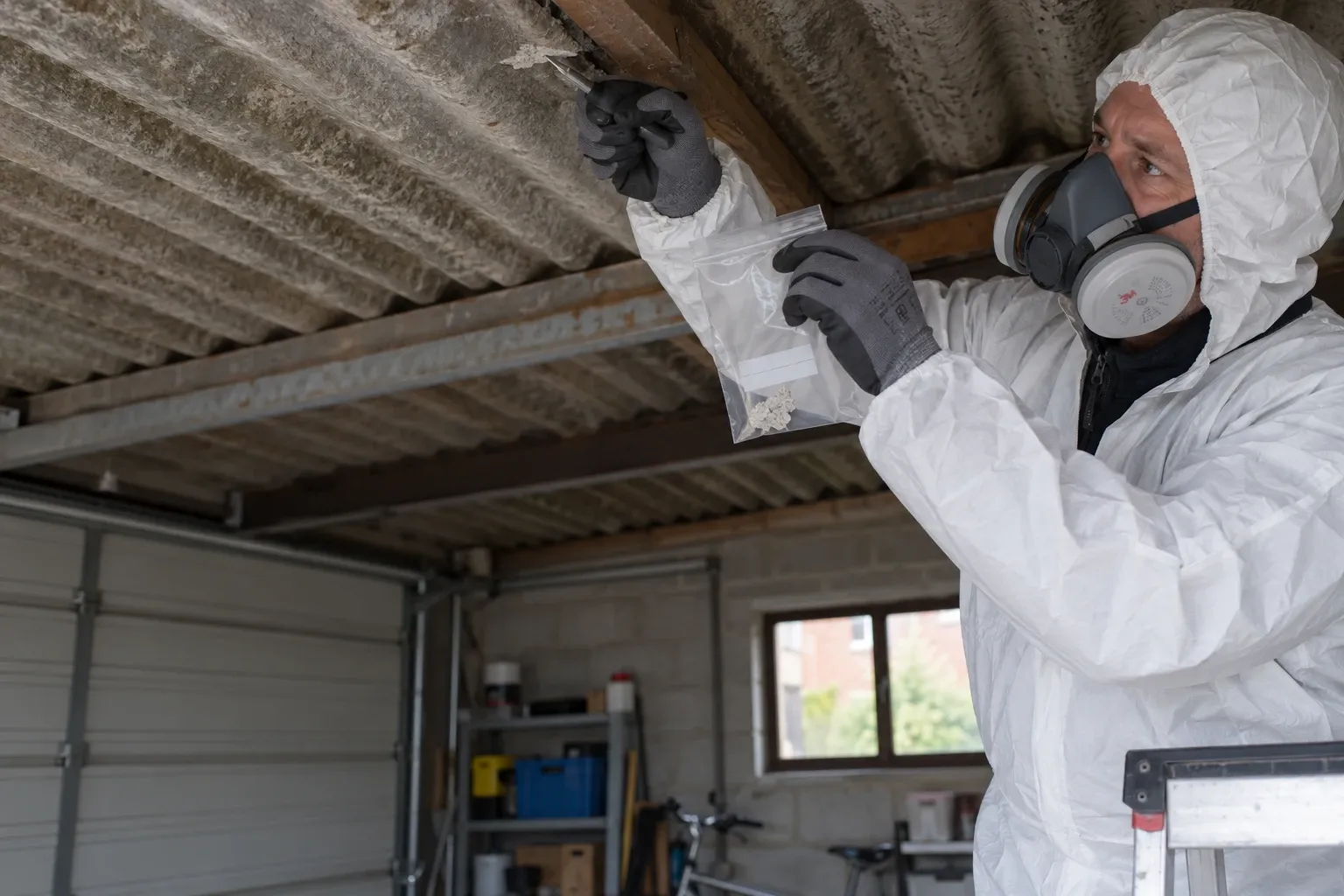 Een certificeerder in beschermpak en met ademhalingsmasker neemt een staal van vezelcementen dakplaten