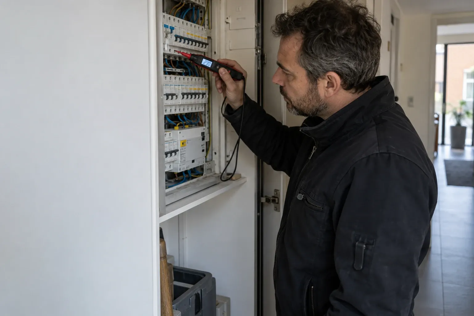 Een certificeerder test de zekeringen van een elektrisch verdeelbord met een spanningstester