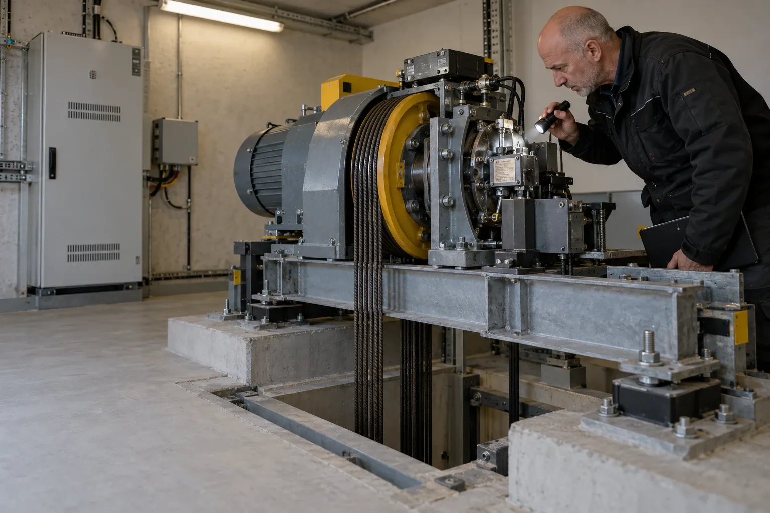 Een certificeerder inspecteert met een zaklamp de aandrijving van een lift in de machinekamer