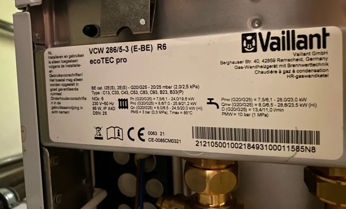 The rating plate of a Vaillant ecoTEC pro boiler